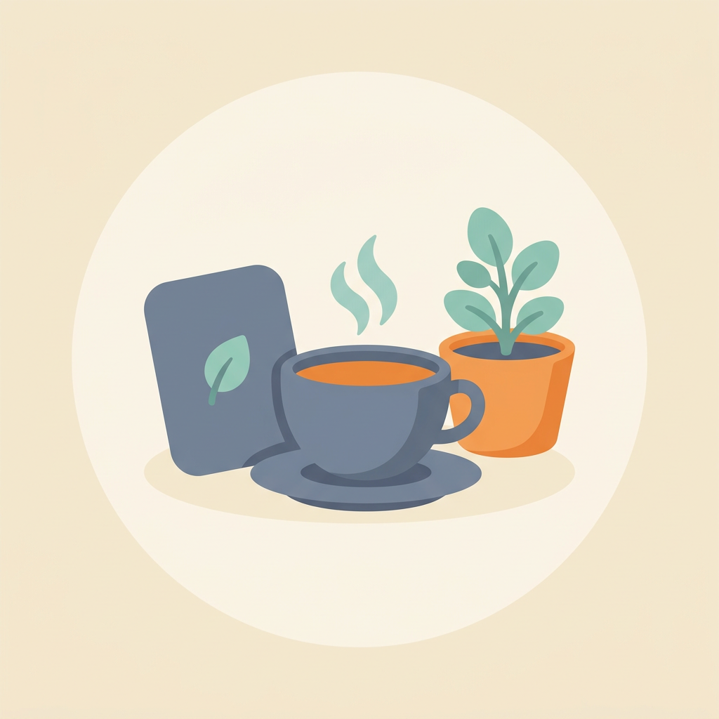 Illustration of a question card, a cup of tea and a small plant